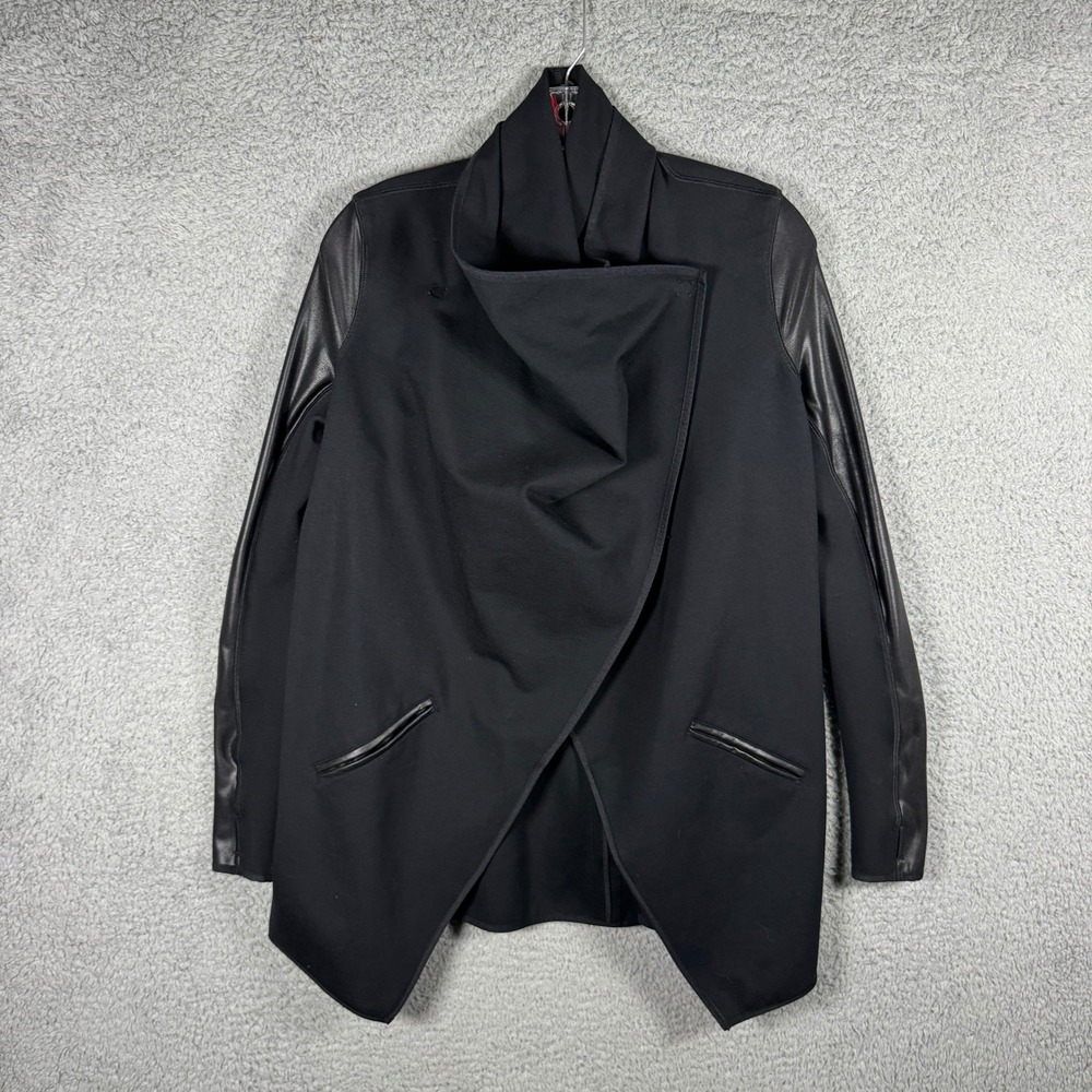 Spanx Womens Black Draped Faux Leather Sleeve Moto Jacket‎ Small Snap Front S/P